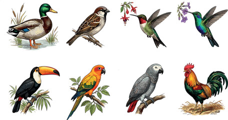 Fototapeta premium Detailed vector illustration bundle of diverse birds featuring mallard duck sparrow hummingbird toucan parrot African grey and colorful rooster isolated