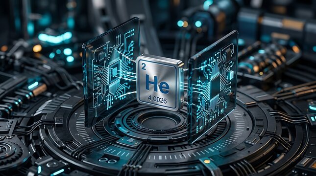 Futuristic quantum computing processor featuring glowing helium element symbol integrated into advanced technology motherboard