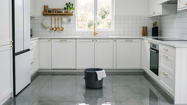 Modern white kitchen interior flooded with water on the floor and a dark bucket