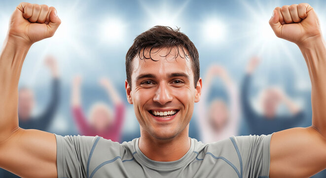 Joyful man flexing raised arms before cheering crowd celebrating victory achievement and triumphant success in competition