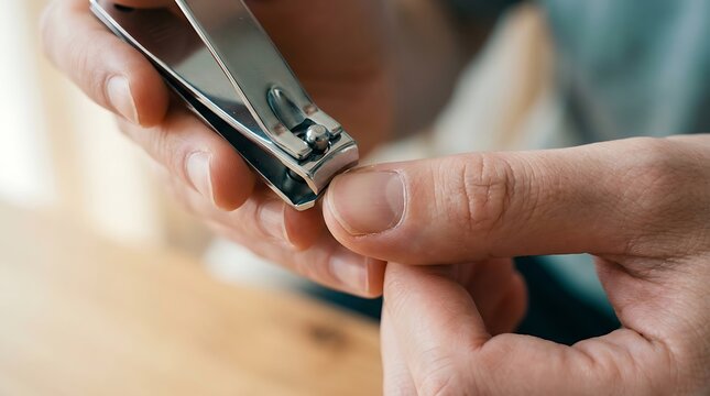 Man trimming fingernails carefully with metal clippers during daily personal hygiene routine close up