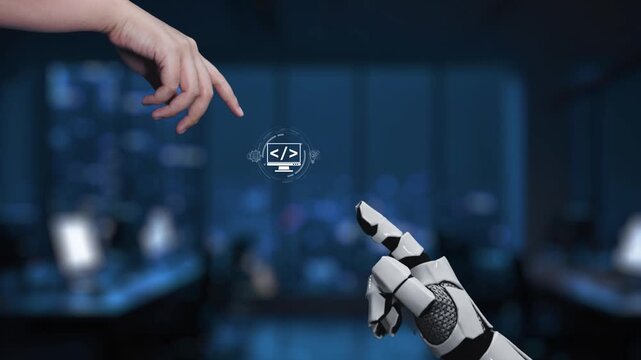 A captivating scene featuring a robot hand and a human hand reaching towards a computer screen, illustrating the synergy between technology and human creativity in a modern workspace. Synapse