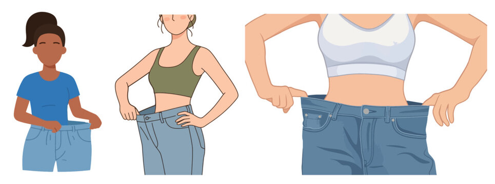 Woman Weight Loss Success Concept Set Slim Athletic Female Body in Oversized Loose Jeans Vector Illustration Isolated on White Background