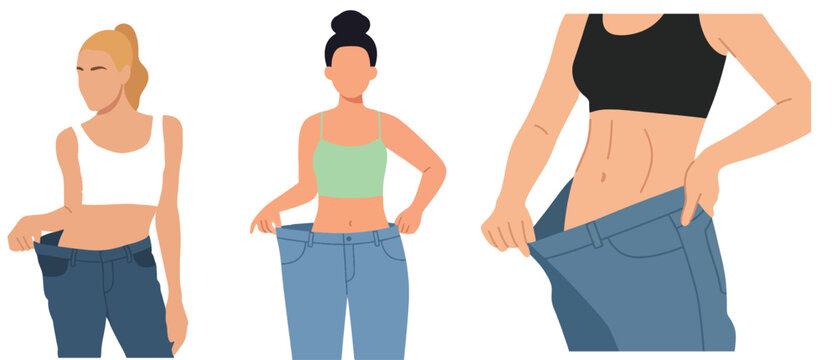 Woman Weight Loss Success Concept Set Slim Athletic Female Body in Oversized Loose Jeans Vector Illustration Isolated on White Background