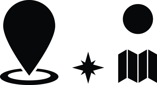 Navigation vector icon set featuring large map pin marker wind rose compass star and folded map diagram