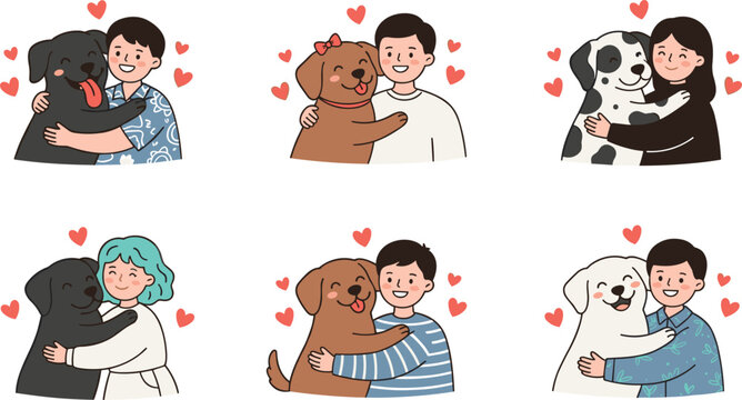 Happy pet owners hugging their cute labrador puppy and dalmation dogs cartoon vector character set surrounded by love hearts isolated on white background
