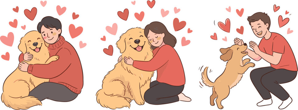 Happy pet owners hugging and playing with cute golden retriever dogs cartoon vector character set surrounded by love hearts isolated on white background