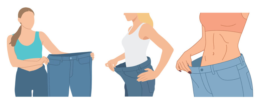 Woman Weight Loss Success Concept Set Slim Athletic Female Body in Oversized Loose Jeans Vector Illustration Isolated on White Background