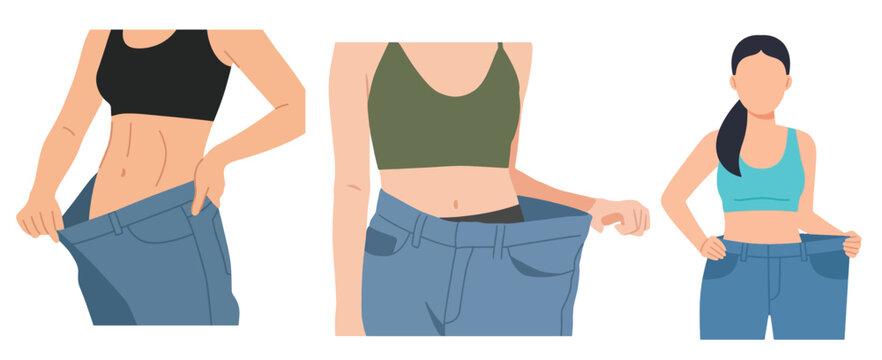 Woman Weight Loss Success Concept Set Slim Athletic Female Body in Oversized Loose Jeans Vector Illustration Isolated on White Background
