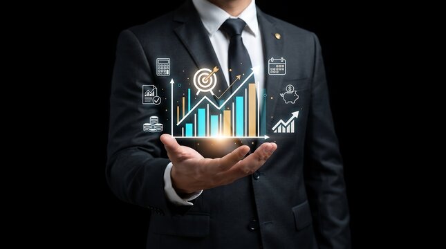 Businessman holding a glowing bar chart with digital business icons on a black background
