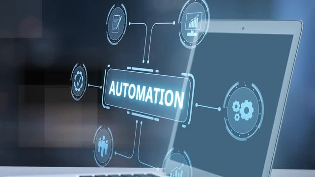 A laptop showcases a futuristic look at automation technology, highlighted by digital icons that symbolize productivity and efficiency in a modern workspace. Salient