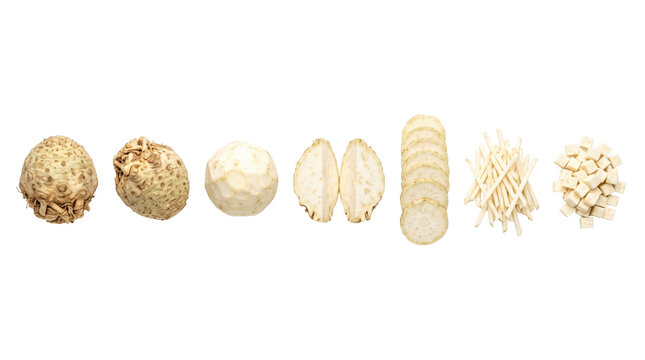 Celery root pieces isolated on white background with copy space, food design element template for marketing presentation, banner and advertising mockup