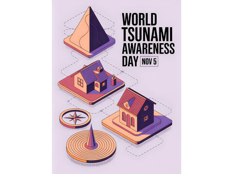 Isometric illustration for world tsunami awareness day with houses and pyramid