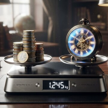 Stack of coins on a balancing scale next to vintage clock, concept of time value of money, wealth management and long term investment.

