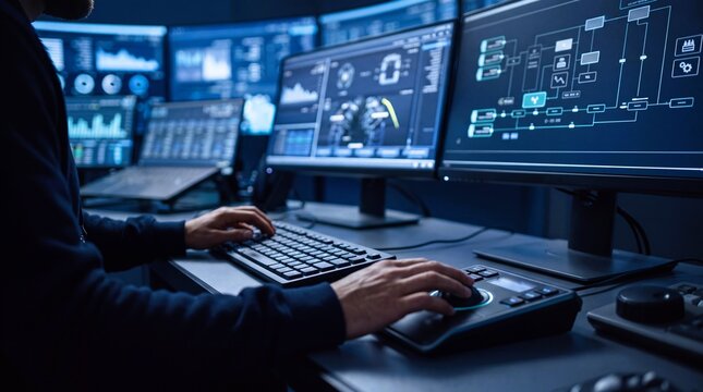 IT engineer or security analyst working in a modern control room with multiple monitors and computer systems