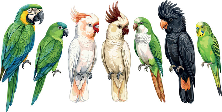 Realistic parrot and cockatoo vector collection featuring macaw budgerigar parakeet and cockatiel species isolated on white background