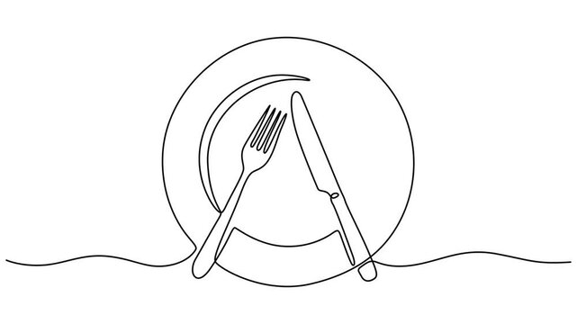 Self drawing animation of one continuous line plate, knife and fork. 4K video animation with alpha channel, Spoon, fork and knife continuous one line drawing minimalist style animation video, Spoon, 
