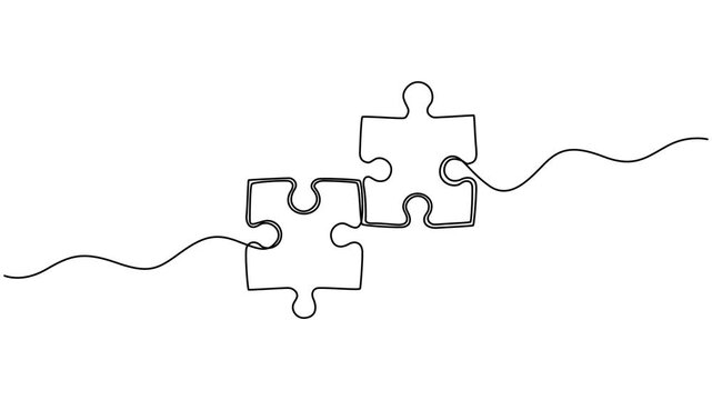 Self animated single continuous line drawing of two interlocking jigsaw puzzle pieces. 4K video animation, Two connected puzzle pieces of one continuous line drawn. Jigsaw puzzle element. 4K video pro