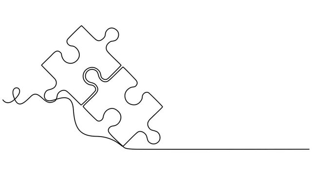 Self animated single continuous line drawing of two interlocking jigsaw puzzle pieces. 4K video animation, Two connected puzzle pieces of one continuous line drawn. Jigsaw puzzle element. 4K video pro