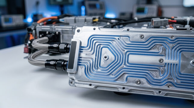 Electric vehicle battery technology with intricate cooling plate and connected cable system in modern automotive laboratory