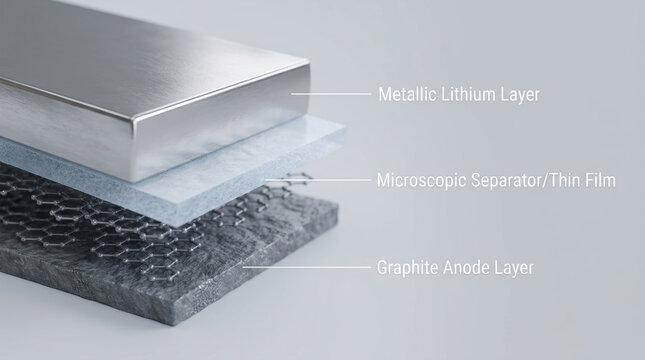 Lithium electric vehicle battery technology diagram showing metallic layer separator and graphite anode structure