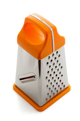 Food preparation and cooking, stainless steel box grater with orange handle for kitchen tasks and meal ingredients isolated on a white background © Pixel-Shot