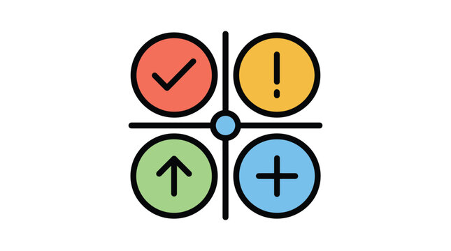 Colorful vector graphic illustration showing four quadrants with check mark exclamation point arrow and plus symbol signs