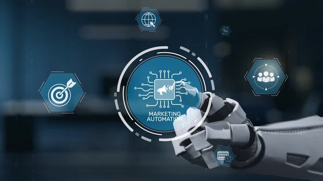 A robotic hand engages with marketing automation icons in a sleek digital layout, showcasing innovation and technology in modern business strategies and interactions. Salient