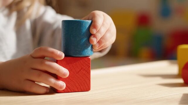 Child stacks wooden blocks and a cylinder during hands-on play. Early learning, fine motor skills, hand-eye coordination and cognitive development through educational toys at home or preschool