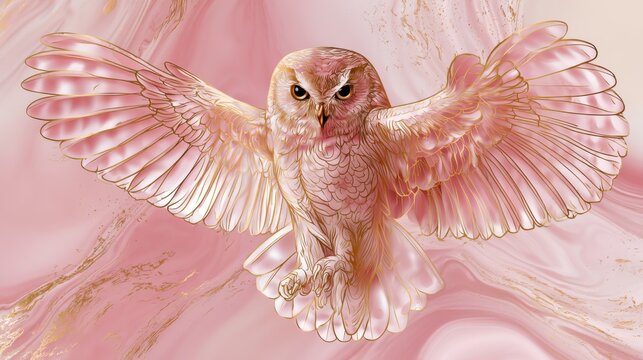 Elegant Owl With Outspread Wings in Gold Line Art