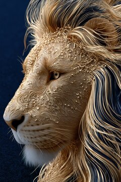 Gold Line Art Lion Head on Blue Background