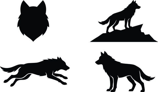 Set of black wild wolf design elements including alpha wolf face running husky dog and wilderness mountain top silhouettes