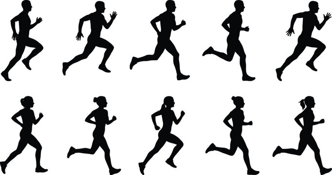 Black silhouette animation sequence of male and female runners showing full running cycle on white background