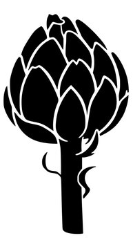 Black silhouette of artichoke with layered leaves and stem, bold vector design symbolizing food, nature, and botanical simplicity.