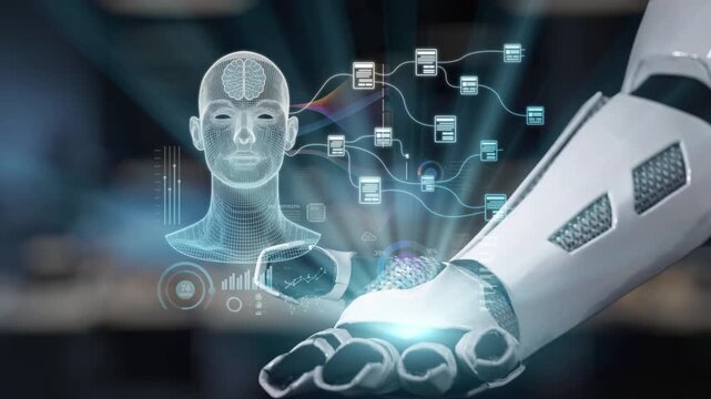 A futuristic robotic hand showcases advanced technology featuring a digital brain model and intricate data visualizations in a modern workspace environment. Salient