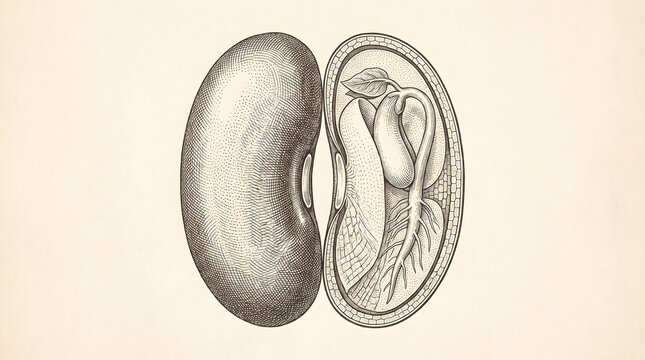 Detailed vintage botanical illustration featuring a kidney bean engraving showing internal seed anatomy.