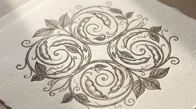 An exquisite kidney bean engraving on vintage textured paper featuring a detailed botanical circular pattern.