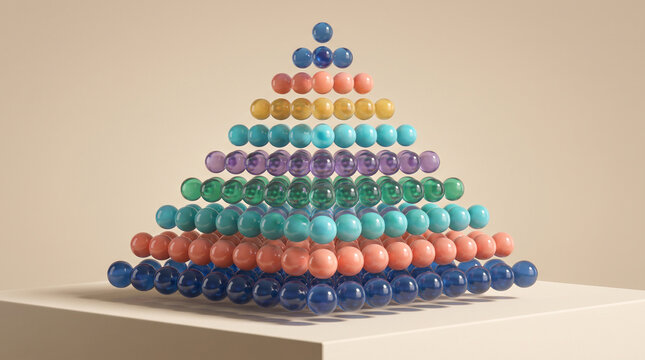 Colorful pyramid of glossy spheres in varying sizes and hues stacked neatly against a soft, neutral background.