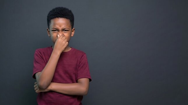 African American boy pinching his nose while grimacing in disgust at a bad smell on a gray background with copy space