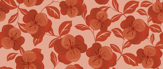 Fototapeta premium Bold red floral seamless pattern vector with hibiscus style flowers and leaves in warm retro botanical palette