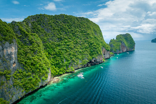 Aerial view of the natural scenery of Pileh Lagoon on Phi Phi Leh, Krabi, Thailand