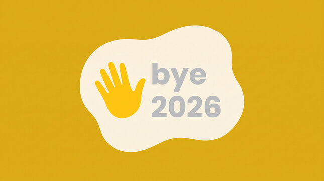 Bye 2026 greeting card with a yellow hand icon on a cream organic shape against a mustard yellow background