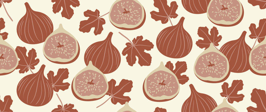 Autumn fig and oak leaf seamless pattern vector in warm terracotta brown and cream botanical style