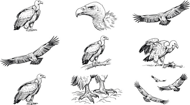 Vulture vector collection featuring realistic black and white sketch illustrations of condors scavengers flying and perched isolated on white