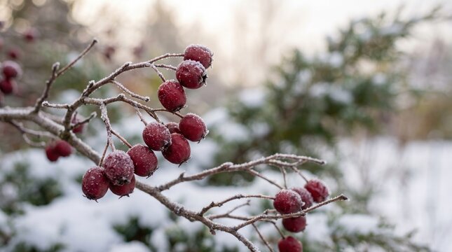 Frozen Hawthorn Berries Covered in Frost on a Winter Branch in a Snowy Garden Setting