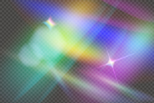 Abstract colorful light flare and rainbow prism streaks crossing on a transparent background with soft glow and bright reflections, creating a dreamy modern visual effect for design