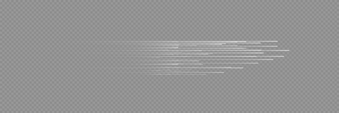 Abstract white motion blur light streaks on transparent background, futuristic speed lines and glowing beam