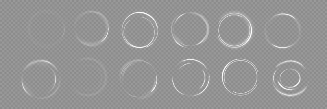 Set of white circular loading progress icons on transparent background, various incomplete ring shapes in thin outline, minimal interface elements.