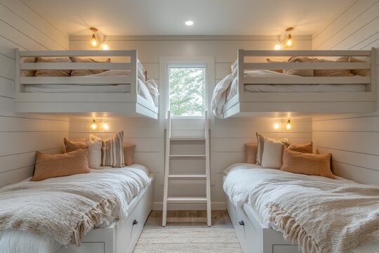 Unique villa kids room design with two beds featuring a ladder and cozy lighting for a charming girl's bedroom