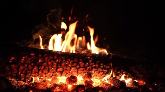 Burning log sends sparks above a campfire. Flames and embers evoke heat, wilderness camping and elemental energy.